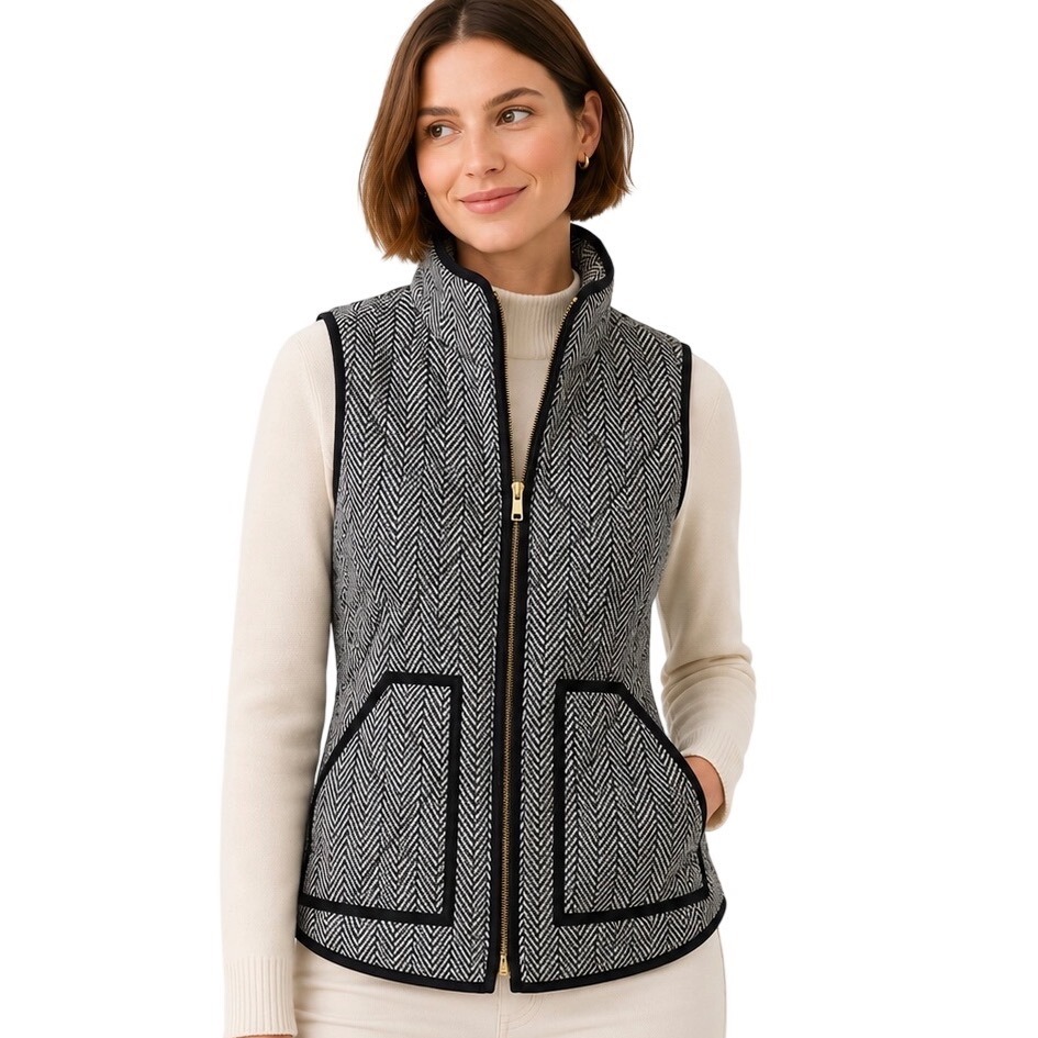 JCrew Herringbone Quilted Puffer Vest Small Preppy Quiet Luxury Equestrian